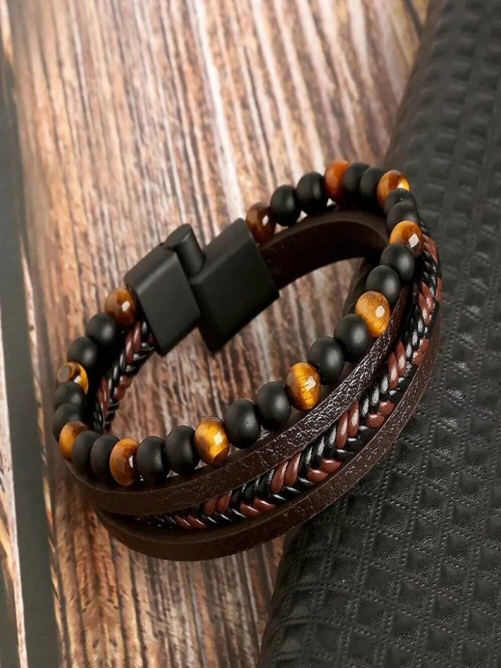 Men's Layered Braided Leather Beaded Bracelet With Tiger Eye Natural Stone - Picture 4 of 10